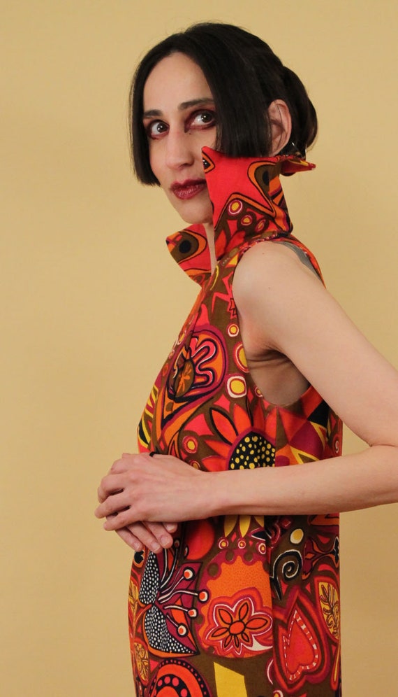 60s Vtg Giant Pointy Collar Psychedelic Maxi Dres… - image 5