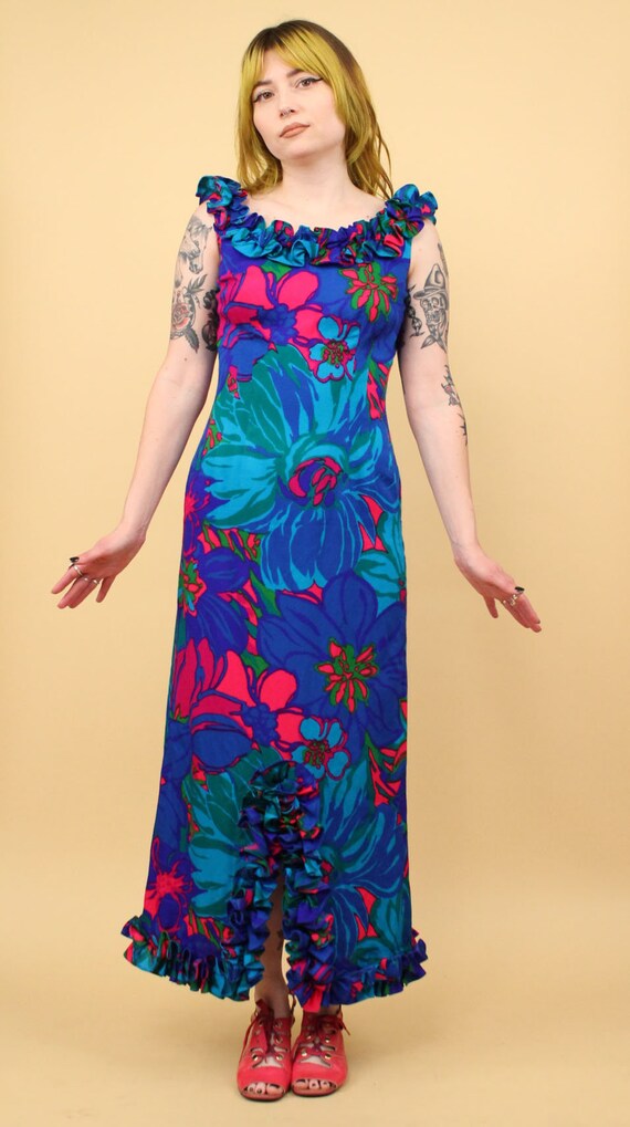 60s Vtg Hawaiian Floral Op Art Barkcloth Maxi Dress S… - Gem