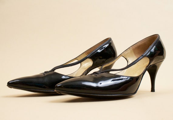 50s Vtg Black Patent Leather Pointy Kitten High H… - image 5