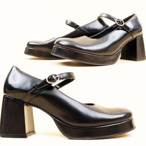 90s Y2K Vtg Black Polished Leather Mary Jane Platform Chunky Stack High Heel Mod Baby Doll Goth Women's 10 9.5 EU 42 41