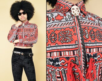 theredthread S symbol bicolor tops wh×bk 80s Vtg Red South Western Print Silver Concho Fringe