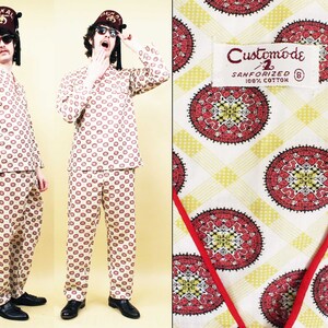 60s Vtg Cotton 2pc Mid Century Pajama Set Mandala Print Mod Customode Sanforized Men&#39;s Medium
