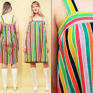 60s Vtg Rainbow Stripe Terry Cloth Mini Dress Mod Swimsuit Cover Up Women&#39;s Small Medium