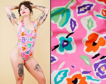 80s Vtg Neon Pink Floral Funky Pattern Spandex Swimsuit Racer Back One Piece Women's Xs-S