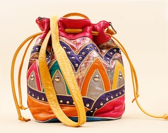 80s Vtg Rainbow Patchwork Studded Purse Crossbody Shoulder Bag Tiffany Rose Designer like Sharif 9" x 10"