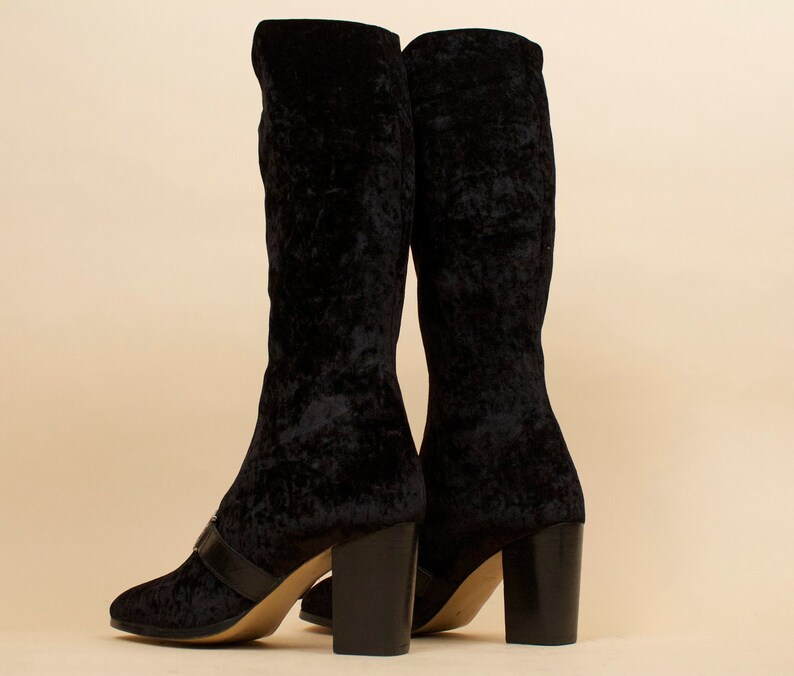 90s does 60s Vtg Black Velvet Knee High Stretchy Sock Boot with Chain Link Detail Mod GOGO Goth Platform Chunky Block Heel 9 EU 40