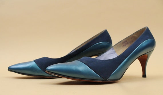 50s 60s Vtg Blue Pearl Leather & Suede Sleek High… - image 5