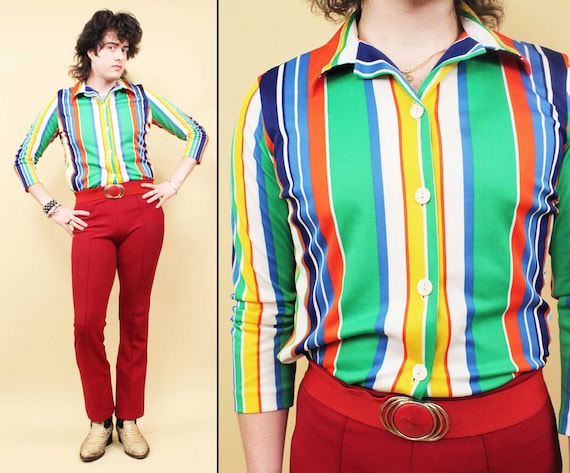 70s Vtg Primary Colors Vertical Striped Button Up… - image 1