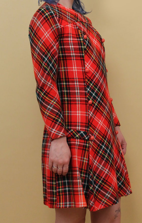 60s Vtg Plaid Red Tartan Wool Mini Dress Long Sle… - image 8