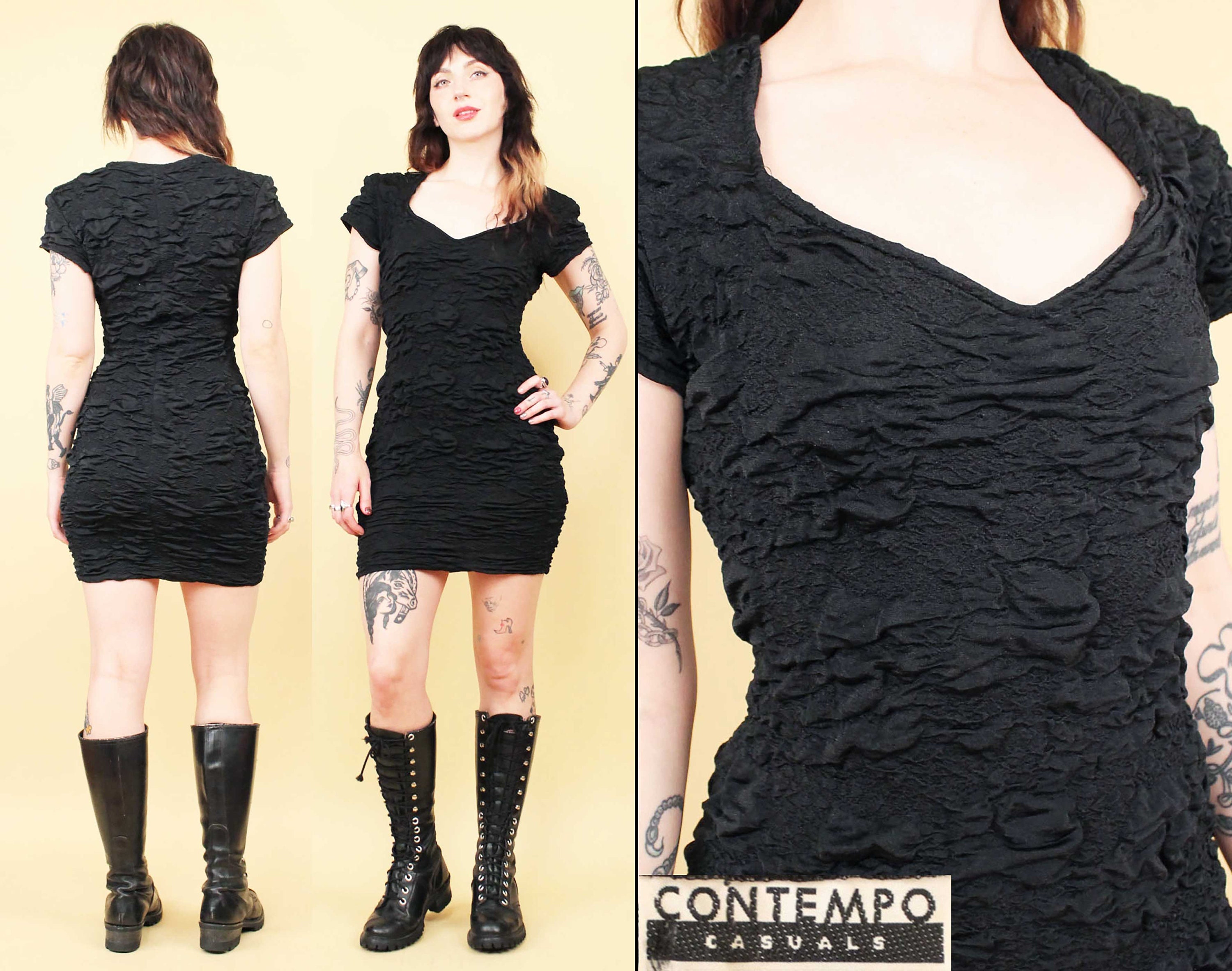 80s Vtg Contempo Casuals Black Textured Mini Dress Body Con Punk New Wave Women's S-L B34-40" W26-32" H34-40" L32"
