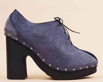 70s Vtg rare SBICCA Genuine Leather &#39;Blue Jean&#39; Look Wood Platform Ankle Boot Clog / Chunky Rivet Stud Lace Up GLAM Rocker 6.5 7 Eu 37 37.5