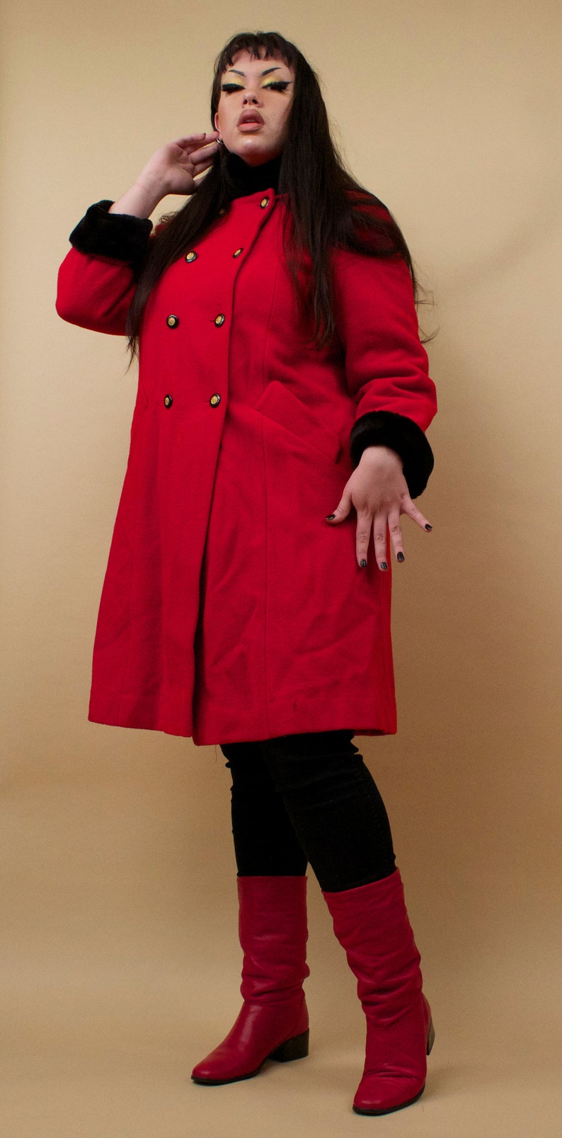 80s Vtg Rothschild Red & Black Faux Fur Wool Military Inspired Pea Coat Double Breasted Button Mock Collar Plus Size Designer L XL 12 tag 14 image 3