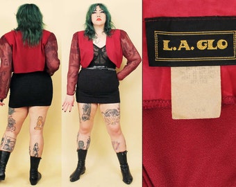 Jaren '80 Vtg Dark Blood Red Sheer Sleeve Bolero Crop Jacket Women's Plus Size tag 16 past XL B44" *As-Is*