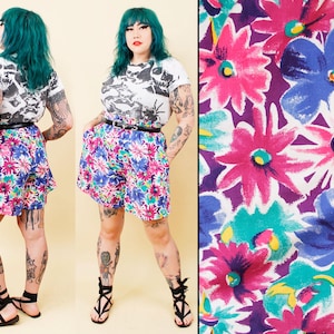 80er Jahre Vtg Baumwolle Paper Bag Shorts Hohe Taille Blumen Daisy Muster Frauen Etikett L W28-32 H46 L19