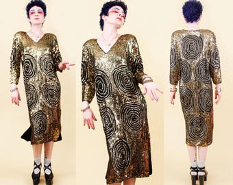 80s Vtg Black & Gold Spiral Sequin Silk Dress Gown Grace Jones Showgirl Formal Cocktail S B38" W38" H38" L42"