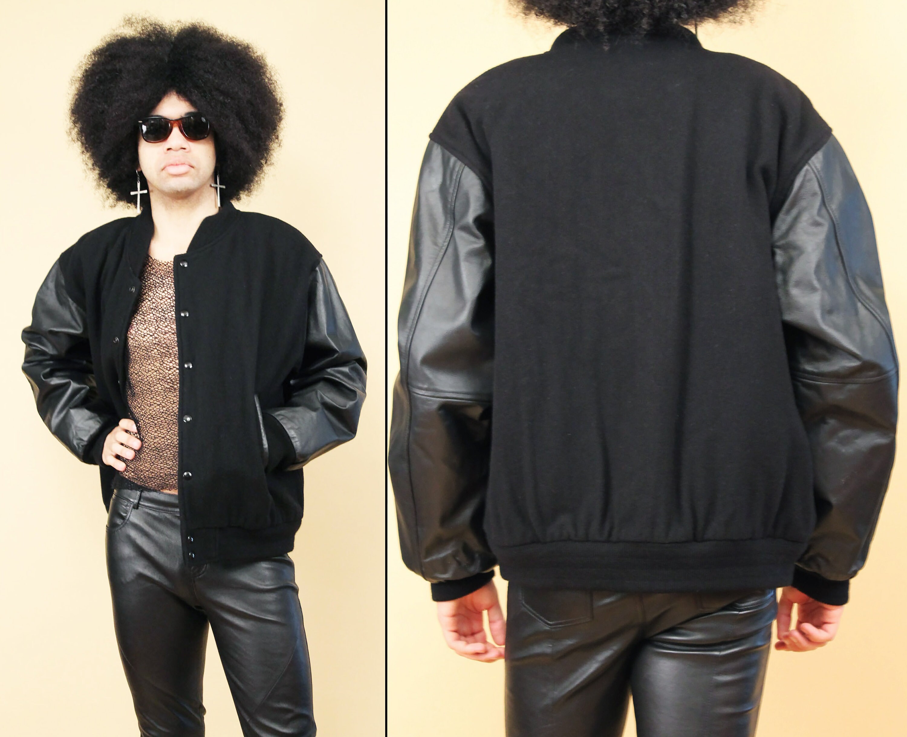 90s Vtg Black Leather & Wool Bomber Jacket Snap Button