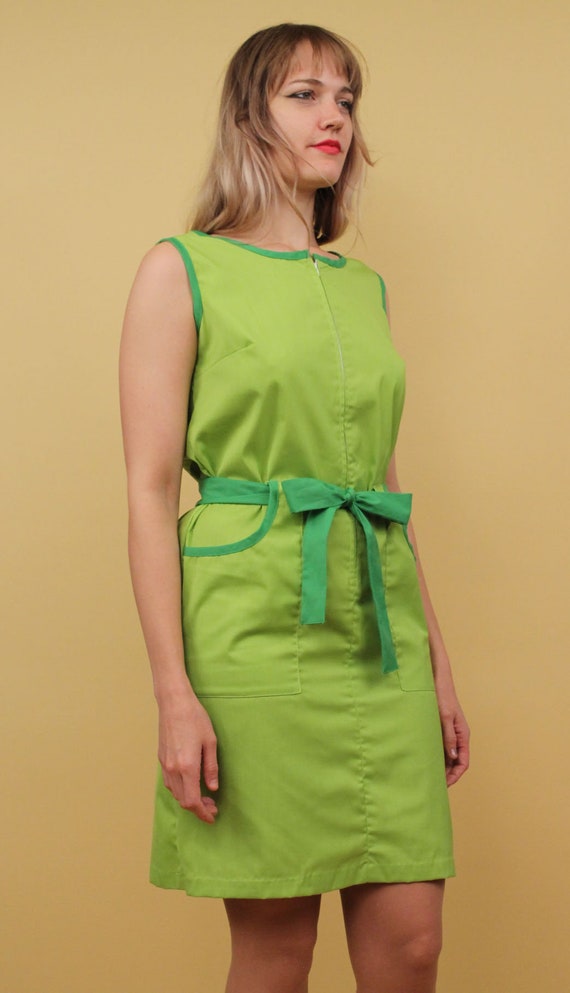 60s Vtg Green 2 Tone Mini Dress Shift Sheath Zip … - image 4