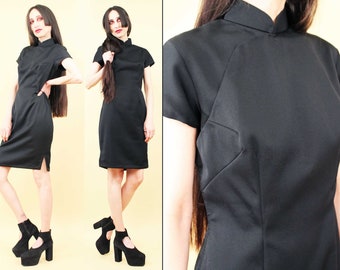 50s 60s Vtg Black Wool Cheongsam Mandarin Collar Dress Short Sleeve Pin Up Goth Women's XS | B 36" W 28" H 36"