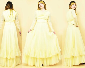 60s Vtg Yellow Lemon Chiffon Ruffled Tiered Maxi Dress Sheer Sleeve Cowl Neck Belted Formal Prom Wedding Women's Xs B32" W24" H40" 55"