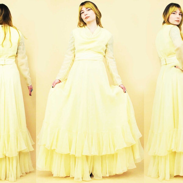 60s Vtg Yellow Lemon Chiffon Ruffled Tiered Maxi Dress Sheer Sleeve Cowl Neck Belted Formal Prom Wedding Women's Xs B32" W24" H40" 55"