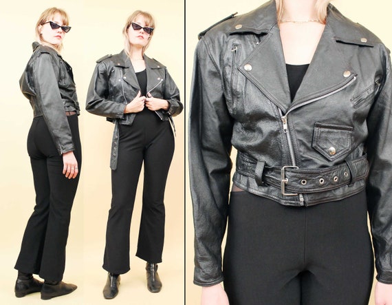 80s Vtg Black Leather Cropped Motorcycle Biker Jacket Classic Zip up  Collared Punk Metal Goth Women's Tag Medium 