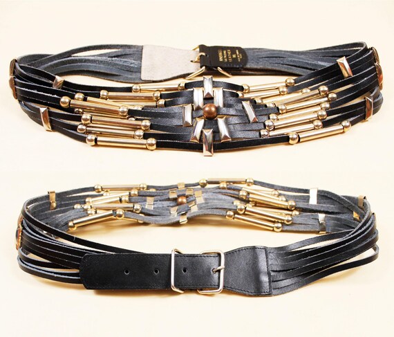 80s Vtg Black Genuine Leather & Metal Accent Wide Waist Belt  display picture 1