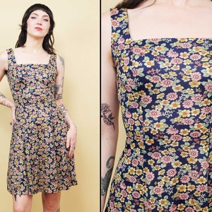70s Vtg Floral Sleeveless Mini Dress Square Neckline Fit Flare Mod Hippie This Is Yours San Fransisco Women&#39;s Xs Sm