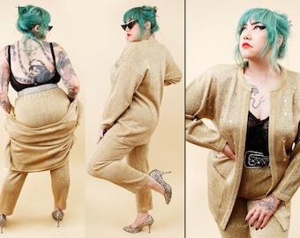 Vintage 80er Jahre Gold Lurex Metallic Strickhosenanzug mit Pulloverjacke und hochtaillierter Leggings, Disco Glamour Vegas, Größe M (Brustumfang 102 cm, Taille 71-81 cm, Hüftumfang 102-117 cm), sehr guter Zustand