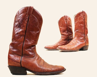 70s Brown Distressed Brown Leather Cowboy Boot Pull On Western Biker Moto Tony Lama Men's US 11.5 EU 45