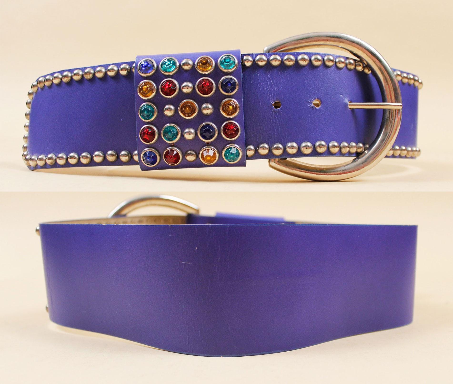 80s Vtg Blue Periwinkle Wide Leather Belt Silver Big 