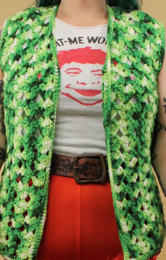 60s 70s Vtg Green Knit Crochet Acrylic Sweater Ve… - image 8