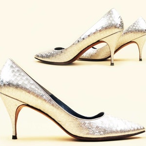 50s 60s Vtg Silver Holographic Leather Stiletto High heel Pointy Toe Mod Disco Pin Up Women&#39;s US 6.5 7 NARROW EU 37