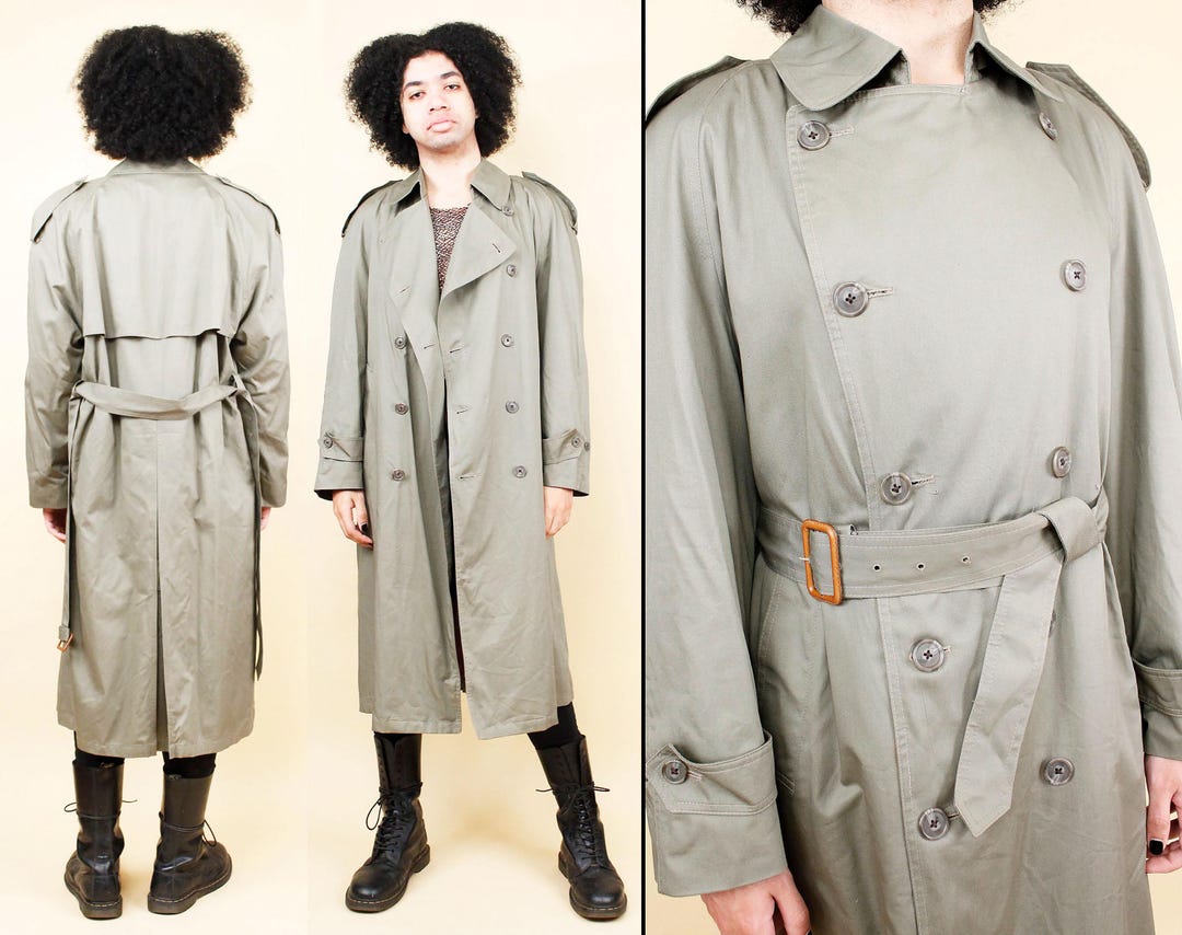 80s Vtg Army Green Classic Cotton Wool Lined Trench Coat Belted