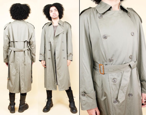 80s Vtg Army Green Classic Cotton Wool Lined Trench Coat Belted