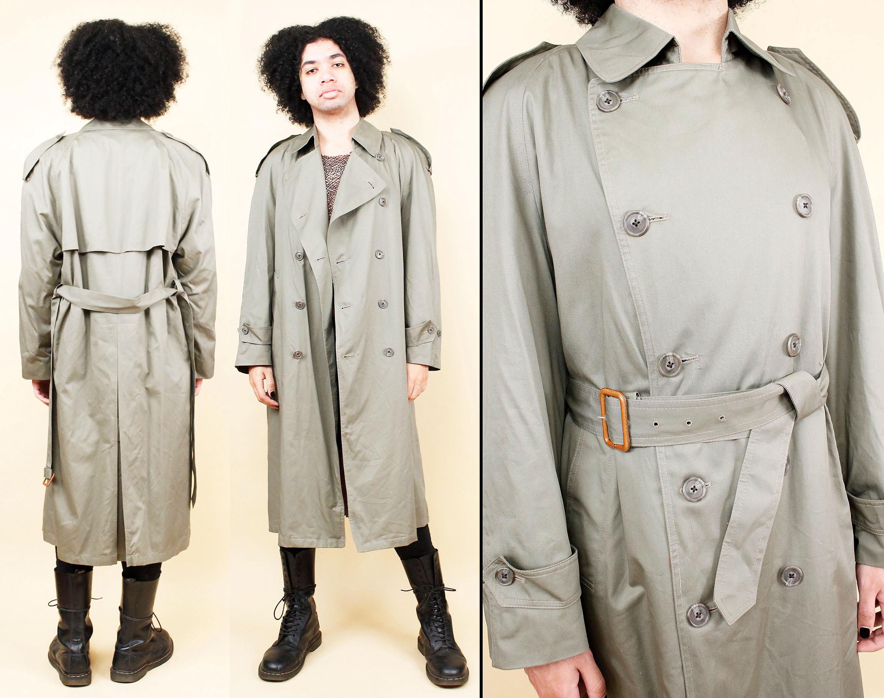 80s Vtg Army Green Classic Cotton Wool Lined Trench Coat Belted