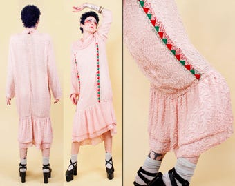 80s Vtg Silk & Heavily Beaded Baby Pink Drop Waist Formal Gown Dress Cowl Neck Art Deco Flapper Cocktail Sm B40" W38" H38"