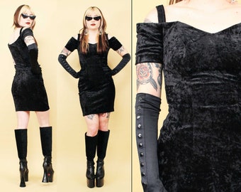 80s 90s Vtg Black Stretch Velvet Off Shoulder Mini Dress All That Jazz Goth Vamp Women's Xs Sm