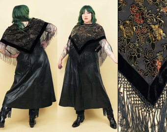 70s does 30s Vtg Silk Velvet Fringe Devoré Poncho Piano Scarf Style Handmade Bohemian Witch Shawl OSFM