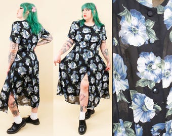 90s Vtg Floral Navy Blue Sheer Dress Button Front Side Slits Women's Volup Plus Size 16 L XL B42" W34" H50" L50"