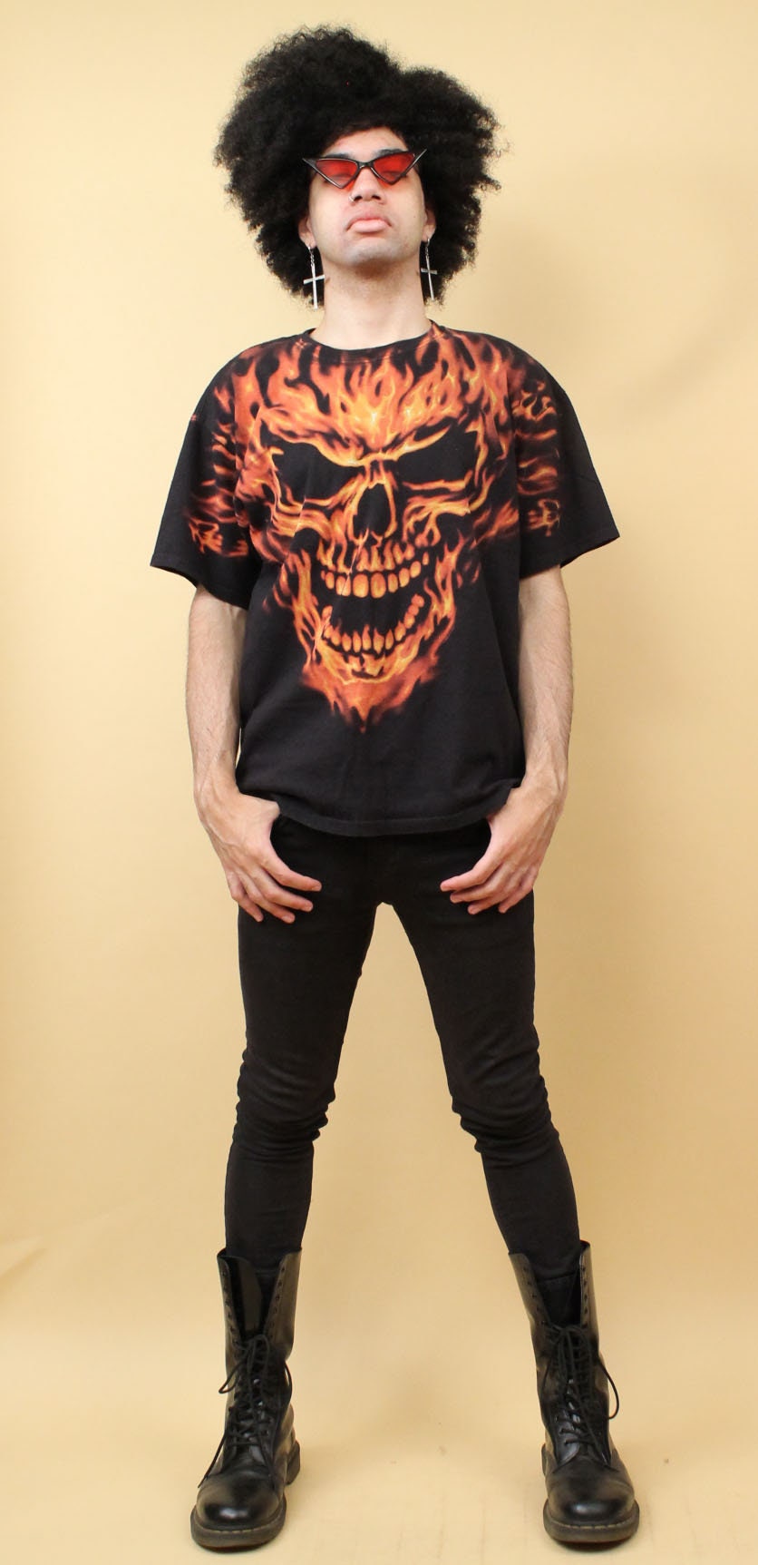 90s Y2K Vtg Black & Orange Flame Skull Skeleton Shirt Tshirt
