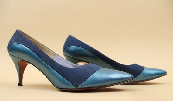 50s 60s Vtg Blue Pearl Leather & Suede Sleek High… - image 2