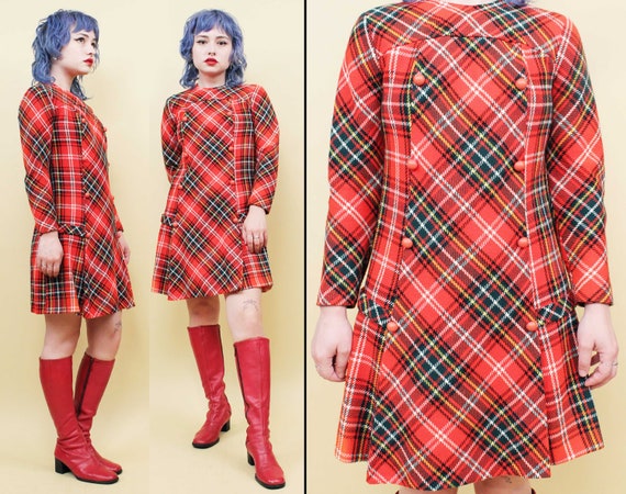 60s Vtg Plaid Red Tartan Wool Mini Dress Long Sle… - image 1