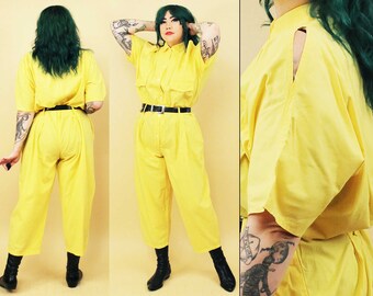 Mono de algodón amarillo Vtg de los años 80 recortado hombro utilitario Devo bolsillos mujer talla grande L-2X B48" W40" H50" Entrepierna 24"