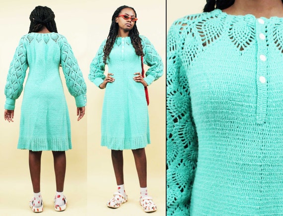 60s 70s Vtg Handmade Sea Foam Crochet Mini Dress … - image 1