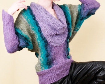 70s 80s Vtg Chunky Knit Wool Art Sweater Purple Teal Emerald Batwing Dolman Cowl Neck Jumper Long Sleeve Blouse S-M B34-38" W24-30" L25"
