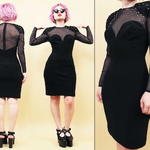 80s Vtg TADASHI Designer Mesh Spandex Sweetheart Bustier Mini Dress Bodycon Power Shoulder Pads Sheer Sleeve Rhinestone tag size Small
