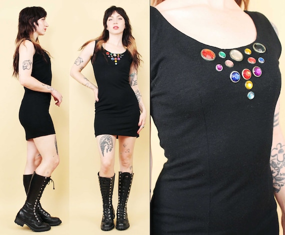 80s Vtg Black WOOL Rhinestone Studded Mini Dress … - image 1