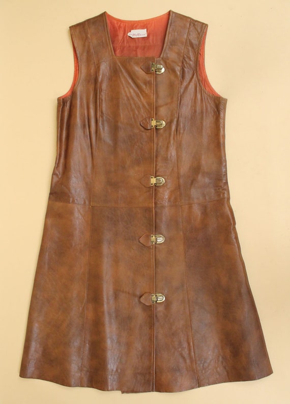 60s Vtg Brown Genuine Leather & Gold Lock Button … - image 4