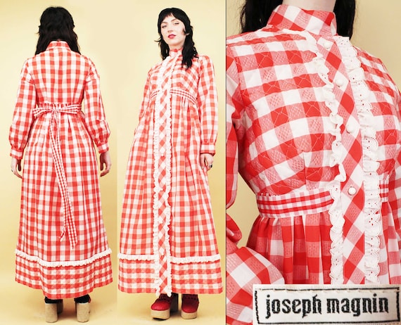 60s 70s Vtg Joseph Magnin Mr Jac Gingham Plaid Floor Length Lace Bib Collar Poet Sleeve Maxi Prarie Dress Women s Sm med B37 W30 H44 Etsy