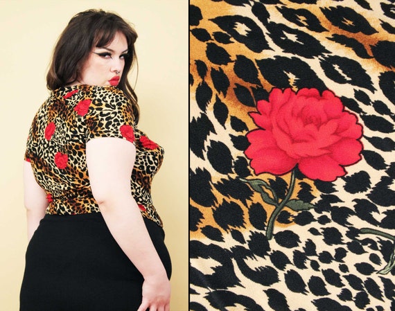 90s Y2K Vtg Stretchy Leopard Print Red Rose Print… - image 1